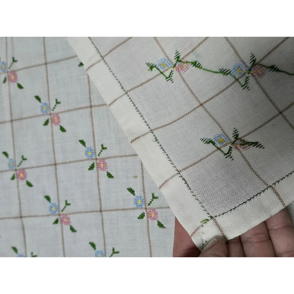 Floral Embroidered Tablecloth OS White pink blue Vintage Cross Stitch Grid